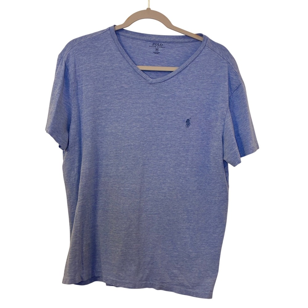 Polo Ralph Lauren Womens Blue Heathered V-Neck T-Shirt Short Sleeve Pony Logo M